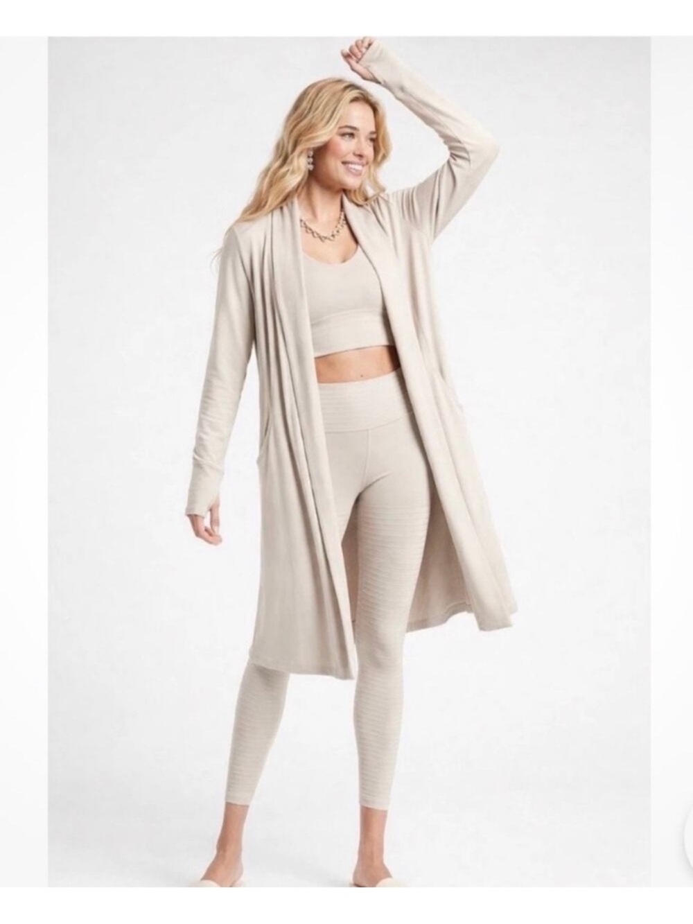 Athleta Pranayama Long Wrap Cardigan Duster Open Front Beige M Athleisure Lounge